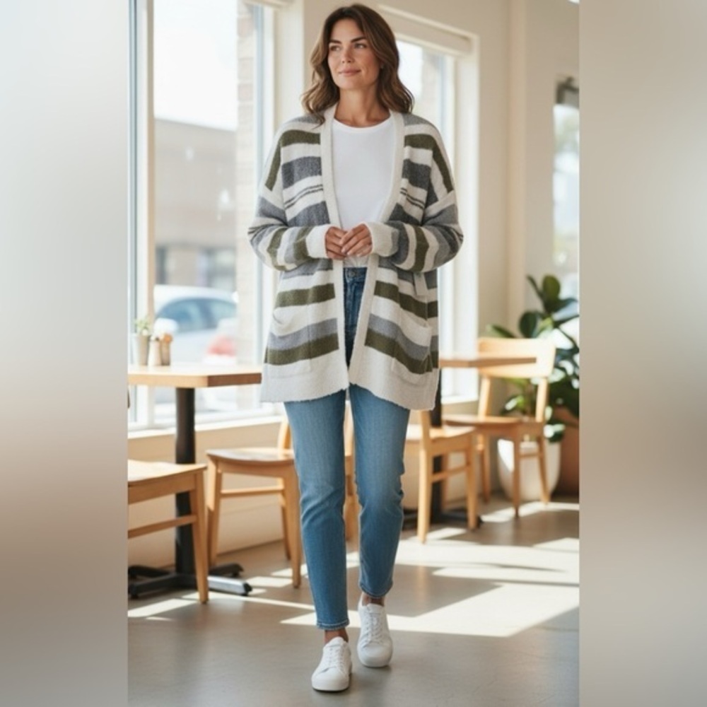 NEW…Pink Clover Striped Long Open Cardigan Sweater - Picture 1 of 5